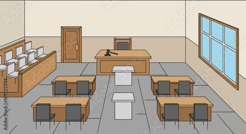 A Courtroom Illustration with Gavel and Seating