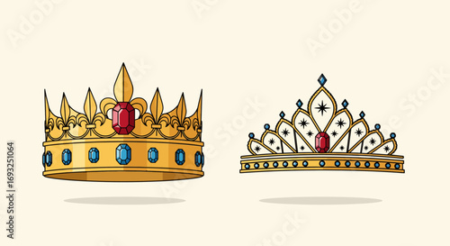 Regal Golden Crowns and Elegant Tiaras Adorned with Precious Jewels, Illustrating Royalty and Power for Fairytale and Luxurious Themes