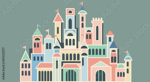 Whimsical Pastel Castle Illustration with Colorful Flags and Towers