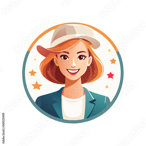 Smiling redhead woman in hat and blazer, circle frame decorated with stars, friendly face, confident and happy style, vector illustration