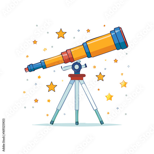 Cartoon telescope on tripod surrounded by colorful stars and cosmic elements