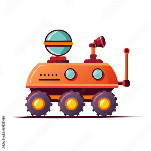 A cartoon style rover vehicle on a white background, featuring six wheels and exploration equipment.