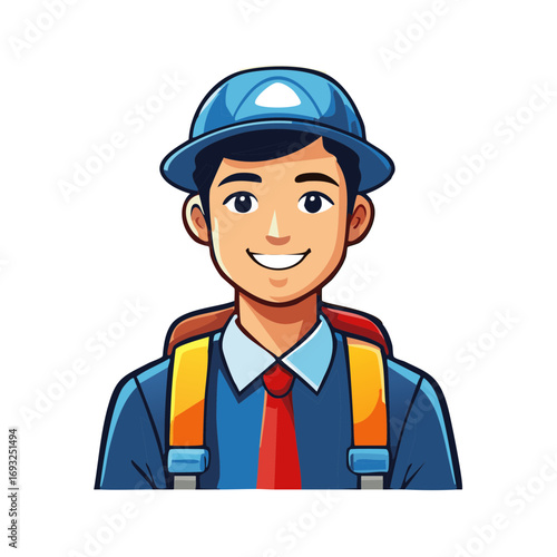Cartoon portrait of a smiling young man wearing a blue hard hat and a backpack.