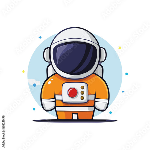 Cartoon astronaut character in orange space suit with round helmet in space design