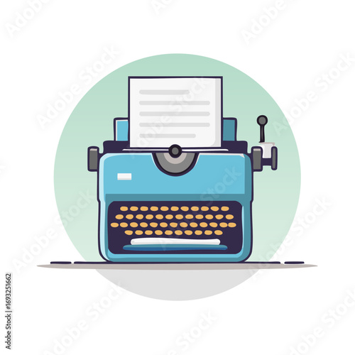 Nostalgic blue typewriter machine with paper ready for creative writing storytelling and communication