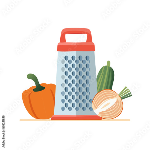 Colorful illustration of vegetables and grater isolated on white.