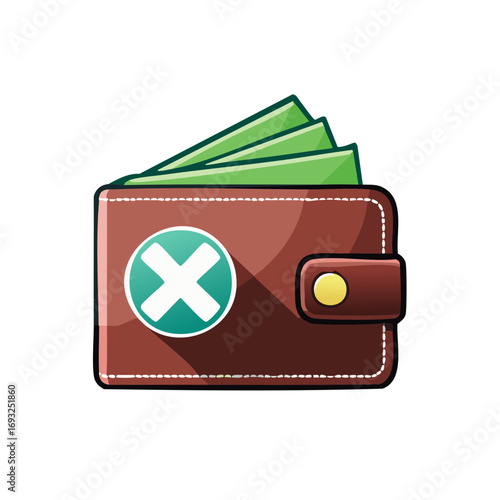 Cartoon illustration of a wallet with cash and a negative symbol