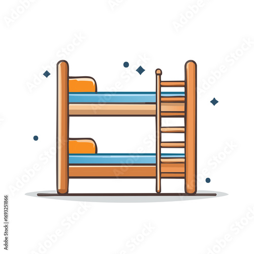 Modern flat design bunk bed featuring two levels blue bedding orange pillows and a ladder