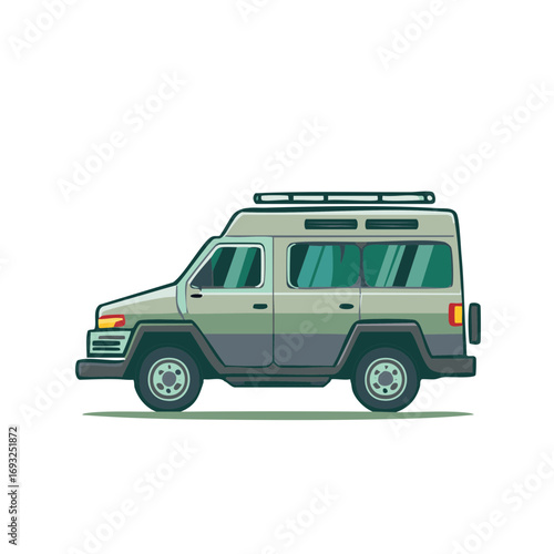 Rugged green off road adventure vehicle with roof rack illustration