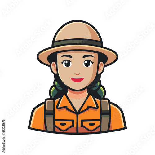 Smiling female adventurer in safari hat and orange shirt with backpack ready for exploration