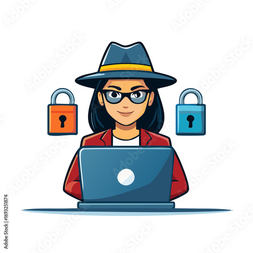 Cartoon illustration of a female hacker with a laptop and security locks representing data privacy