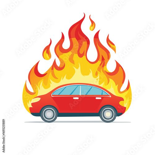 Red Sedan Car Engulfed in Stylized Flames