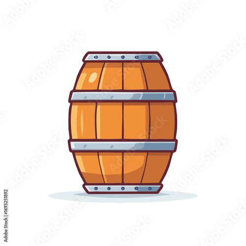 Illustration of an isolated wooden barrel with steel hoops for storing liquids or aging spirits, cartoon style