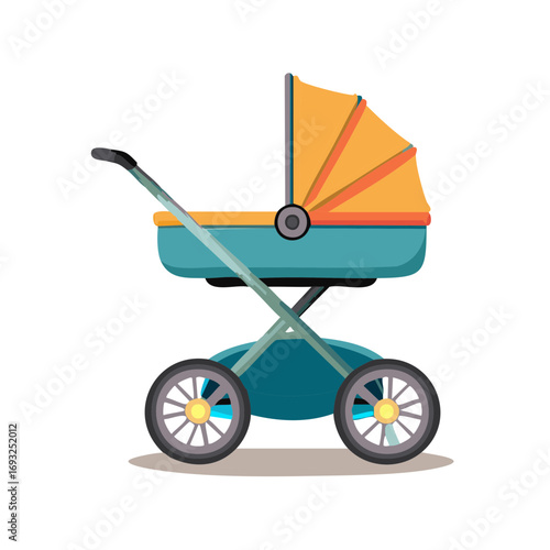 Illustration of stylish baby carriage with colorful sunshade on white background