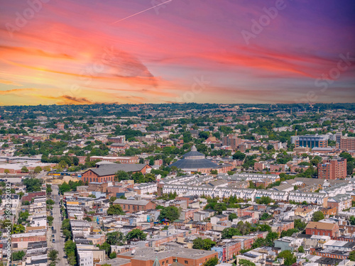 Apartments, office buildings and homes in the skyline in Baltimore Maryland USA