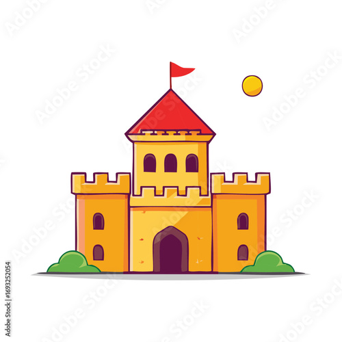 Cartoon castle with red flag and yellow sun icon, whimsical illustration design.