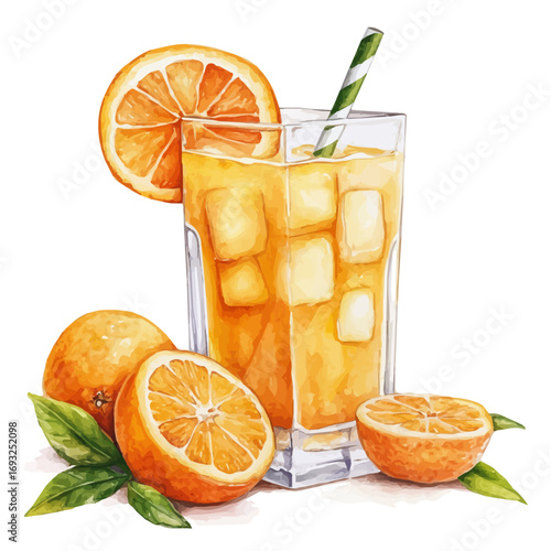 Orange Juice, watercolor clipart vector, isolated on a white background.