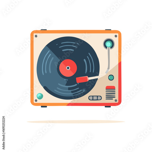 Vintage record player with spinning vinyl disc and tonearm playing music.