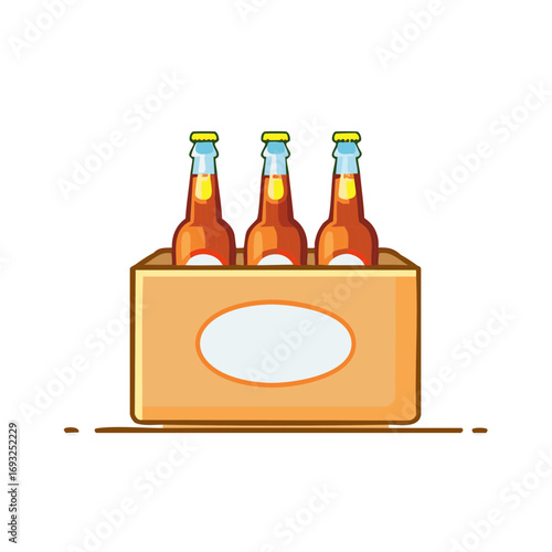 Cartoon illustration of beer bottles in a carton, isolated on white.
