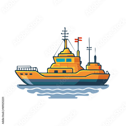 Industrial yellow tugboat vessel sailing on sea waves, a stylized vector cartoon illustration