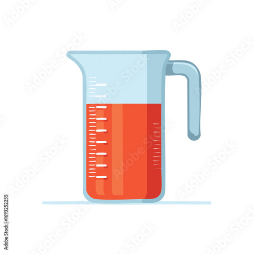 Laboratory beaker filled with orange liquid showing scientific measurement markings and a handle