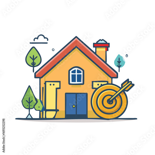Cartoon House with Target Symbolizing Homeownership Goals and Investment Success
