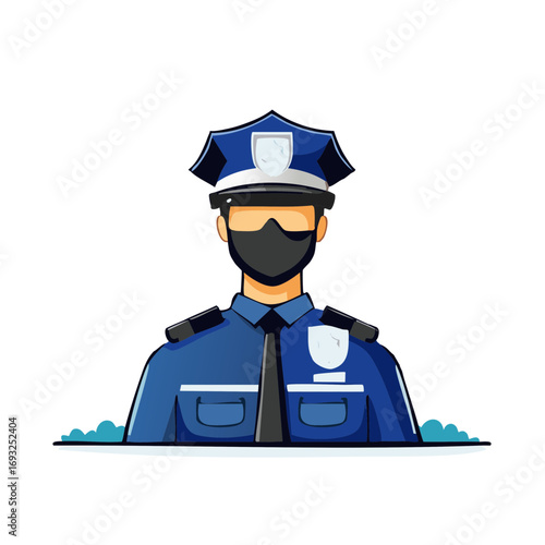 Illustration of masked police officer in uniform ensuring public safety and security