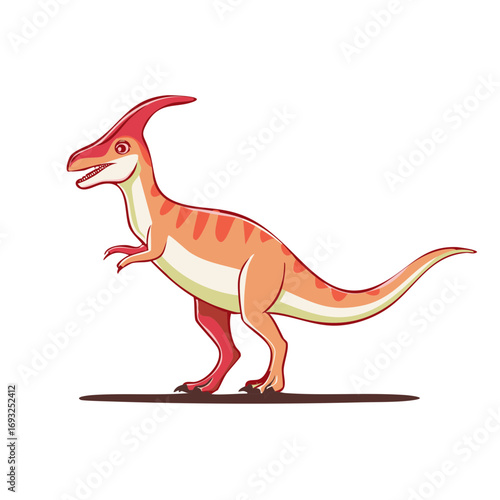 Orange and red cartoon Parasaurolophus dinosaur standing side profile illustration