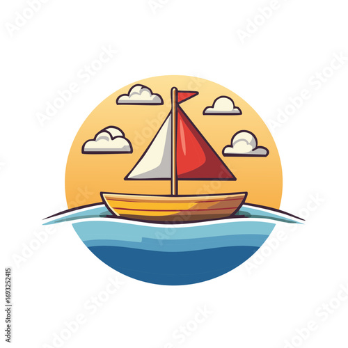 Cute sailboat sailing on the ocean during sunset vector cartoon illustration