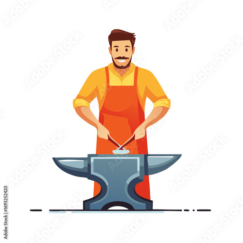 Cartoon Blacksmith Forging Metal on Anvil with Hammers Shaping Piece of Steel in Smithy