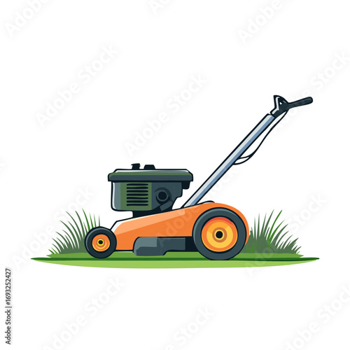 Lawn mower trimming tall grass maintenance of the yard summer gardening