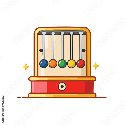 Colorful cartoon illustration of a Newton's cradle physics apparatus, science learning