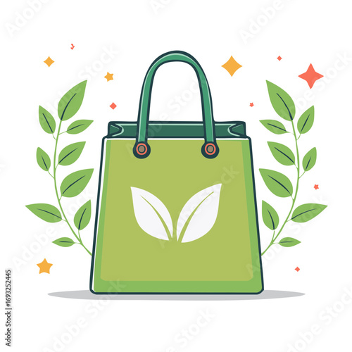 Green eco-friendly shopping bag with leaf design surrounded by foliage, eco-concept for sustainable lifestyle or environmental care