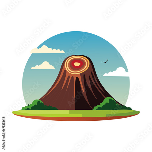 Stylized volcanic mountain landscape, green grass, clouds, and bird soaring in blue sky