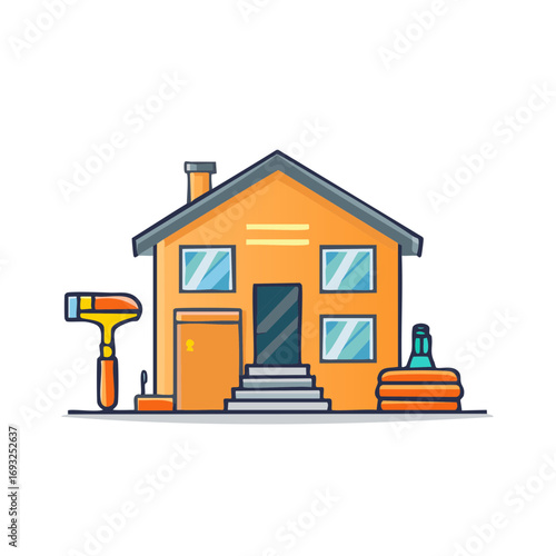 Orange house vector illustration with construction equipment, renovation tools and accessories.