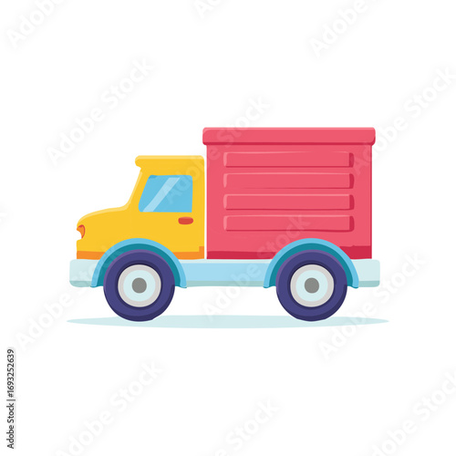 A bright and colorful toy truck with a yellow cab and a red cargo box rolls along