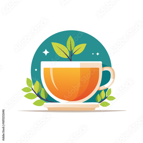 Natural herbal tea concept vector illustration with a cup and growing green leaves
