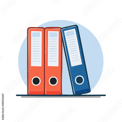 Three colorful binders standing on a shelf for organization and data storage