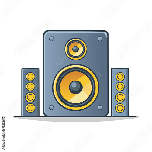 Modern audio system with large center speaker and two tall satellite speakers displaying yellow cones