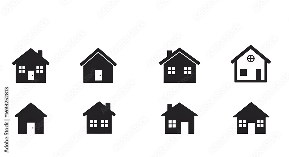 Fototapeta premium Minimalist house icons arranged in a row with simple design, showing different shapes and window variations.