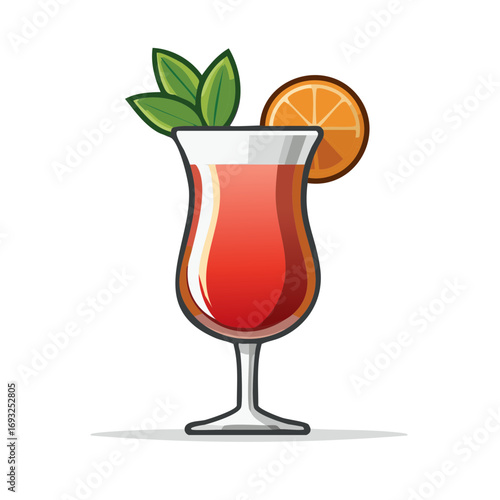 Tropical cocktail with orange slice and green leaves for garnish in glass