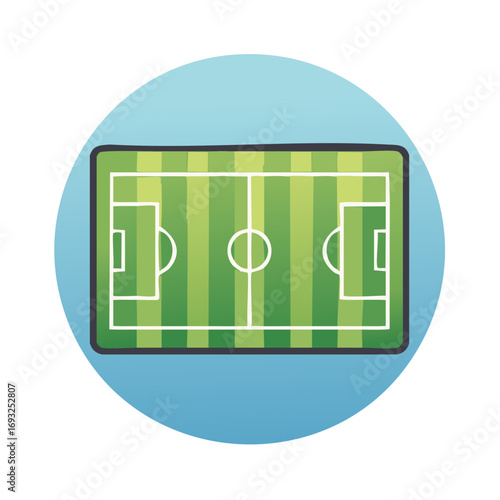 Stylized soccer field graphic with green turf and white lines inside a blue circle