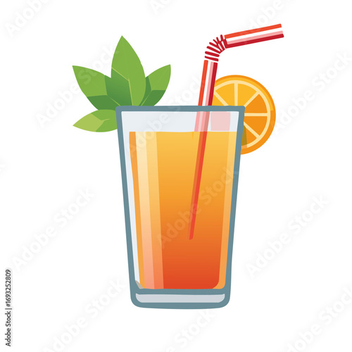 Refreshing citrus drink with straw and garnish, vibrant orange juice with leaf and sliced fruit decoration, cartoon illustration