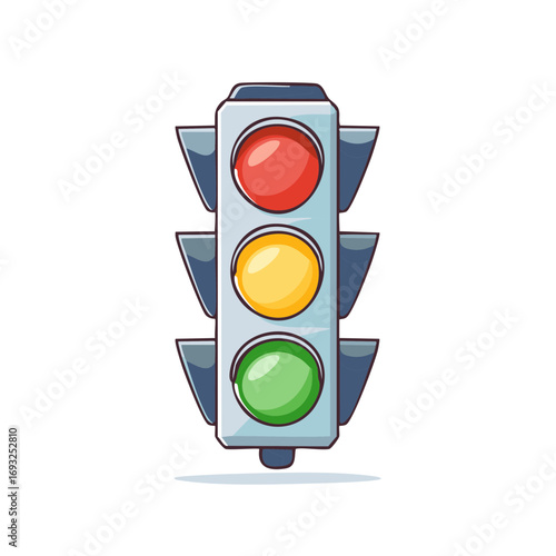 Cartoon traffic light illustration, red, yellow, and green lights on a grey column