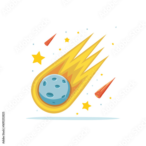 Cartoon meteorite icon hurtling through space with trailing flames and stars around it.