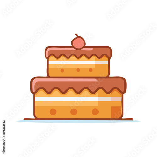Colorful two tier celebration cake with wavy brown frosting and cherry topping icon