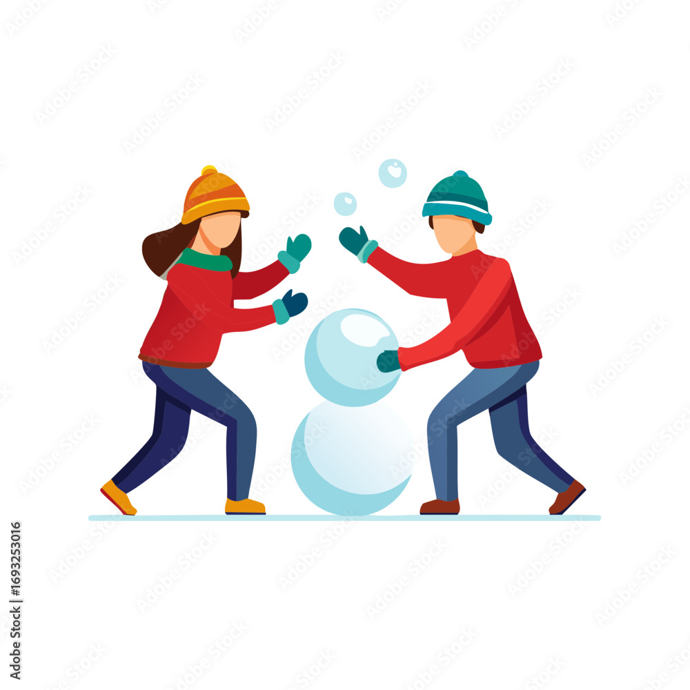 Obraz premium Two children happily building a snowman together in the winter season