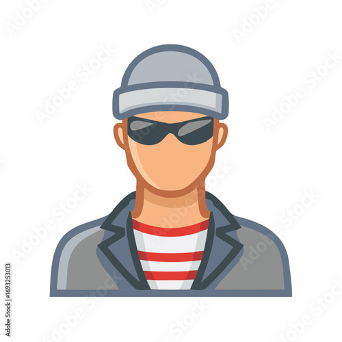 Anonymous individual wearing beanie sunglasses and striped shirt with jacket