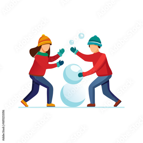 Two children happily building a snowman together in the winter season