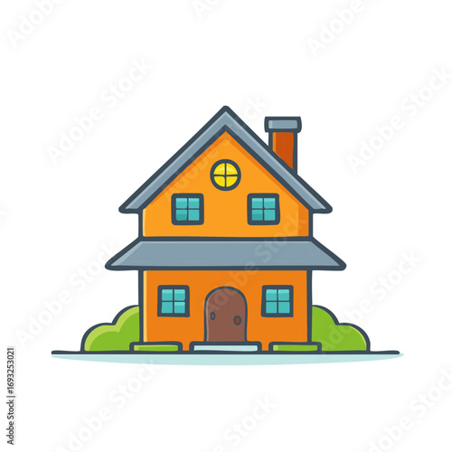 Cute cartoon orange house with chimney and green bushes simple illustration